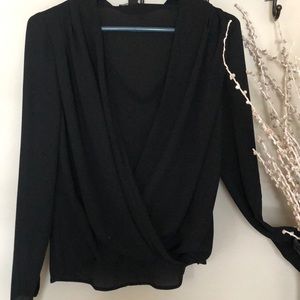 Draped front black dress blouse